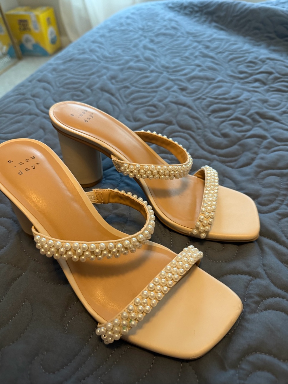 a new day Pearl-Embellished Beige Slide Heels